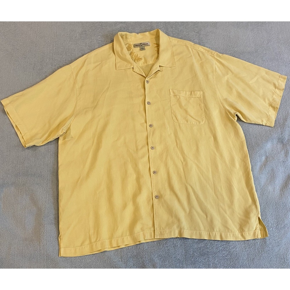 Tommy Bahama Short Sleeve Button Up Shirt Floral Hawaiian Yellow 100% Silk 2XL